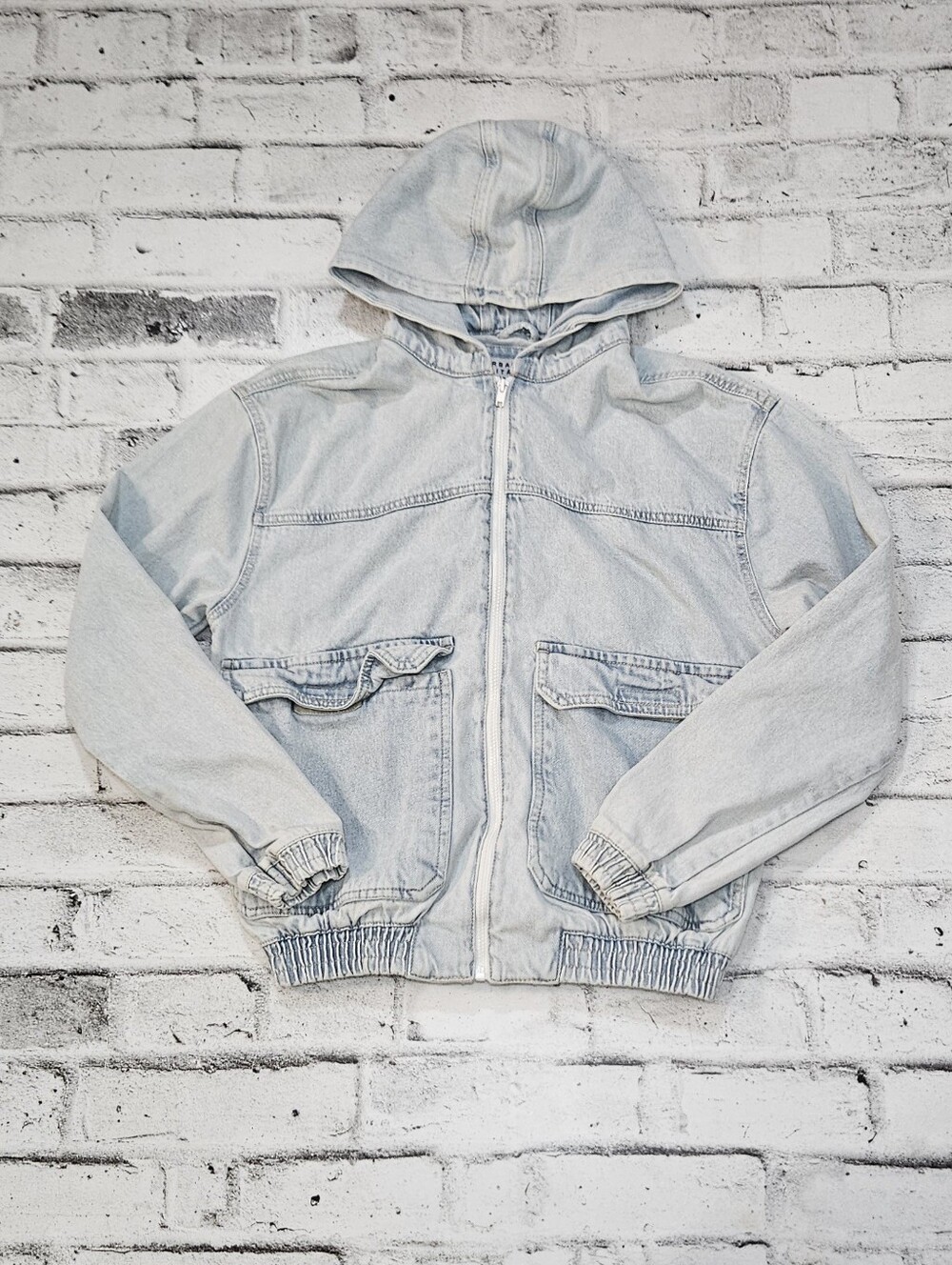 Urban Heritage Light Wash Denim Hooded Bomber Jacket Oversized Size S